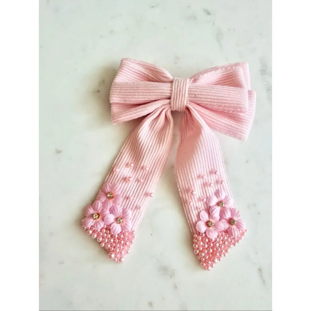 Light pink Pearl Floral Ribbon Hair Bow Clip | Romantic Bridal Coquette
